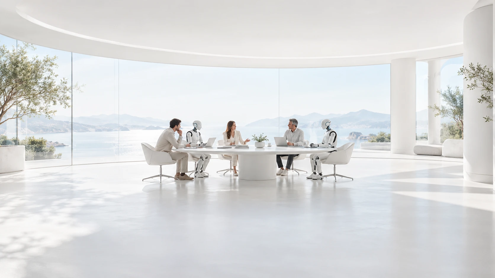 Humanos y robots colaborando en una sala blanca luminosa